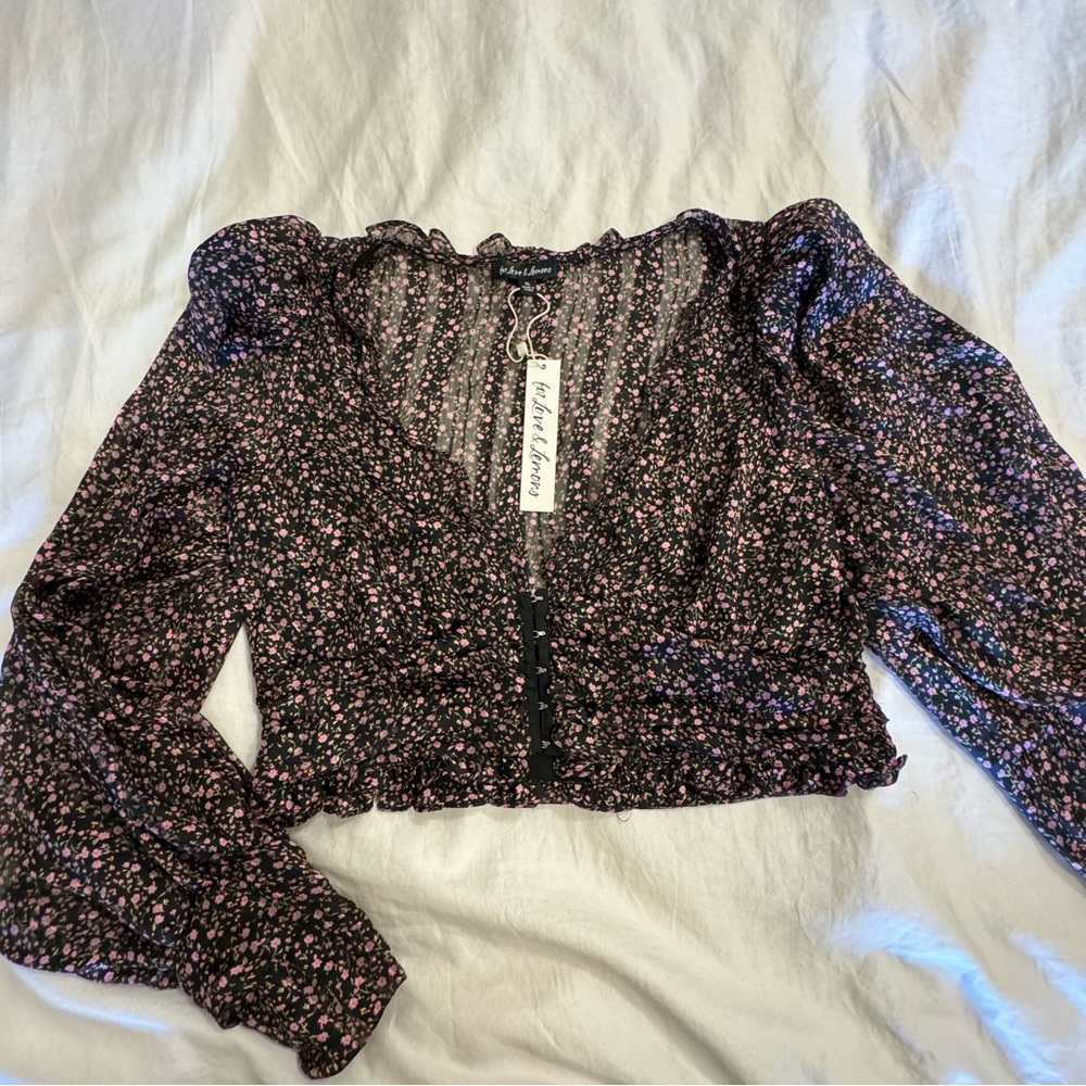 For Love & Lemons Sheer Floral Blouson Sleeve Cropped Blouse - Sz: XL
